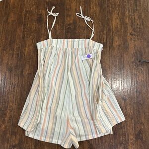 Striped Pastel Tie-Shoulder Romper in Cream